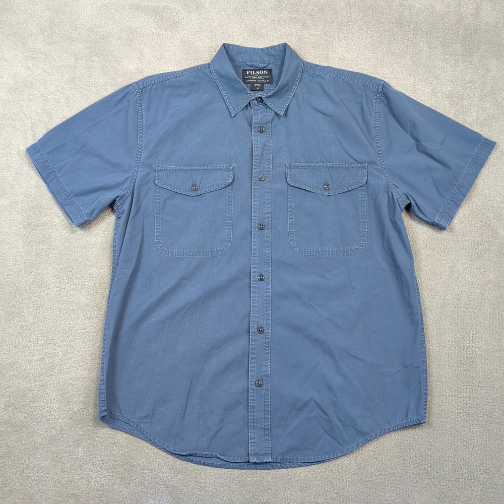 Filson Shirt Mens Medium Petrol Blue Short Sleeve Cotton Button Up Workwear